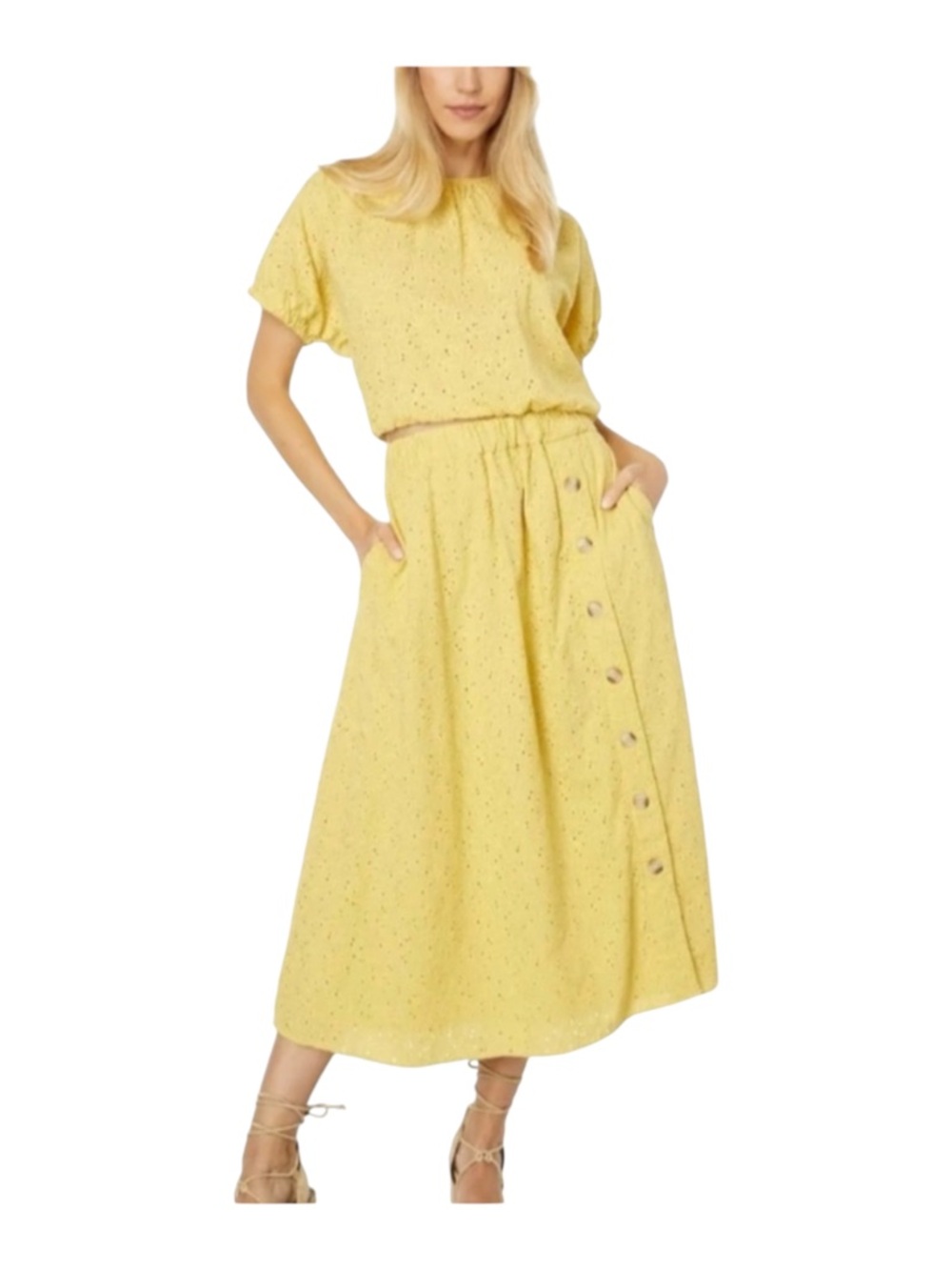 Madewell Yellow Eyelet Side Button Midi Skirt in Dream-On Daisy - Picture 3 of 12